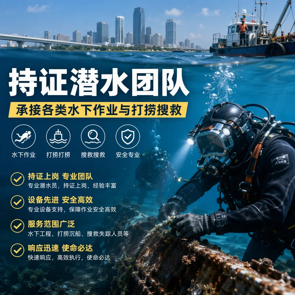 持证潜水团队，承接各类水下作业与打捞搜救平安